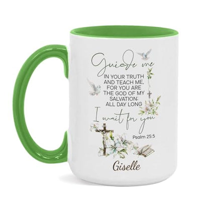 Flower And Cross Accent Cup, Custom Name Religious Mug, Christian Themed Cup 11oz 15oz, Personalized Bible Coffee Mug, Gift For Women On Holiday, Customized Christian Ceramic Mug - color: XUA-624-2341-Guide Me Psalm