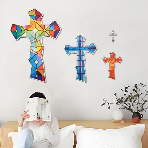 Goodangie00 14" Three Layered Wooden Cross Wall Decor, 3D Stained Glass Catholic Crucifix Hanging Art for Home Church Entryway Religious Blessing Baptism Christian Faith Prayer Corner Mothers Gift - color: Tiffany-3 Layer