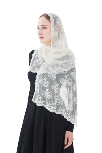 Wgior Catholic Chapel Veil – Floral Mantilla Head Covering for Church, Prayer, and Modesty – Soft Rectangular Shawl - color: Ivory