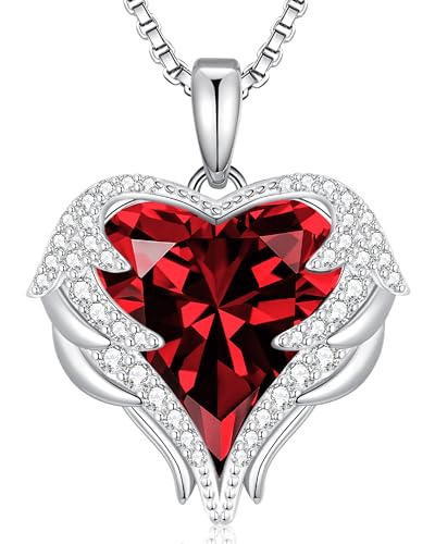 CDE Angel Wings Heart Birthstone Pendant Necklace Gift for Women - color: White-01&07-Ruby Red Birthstone