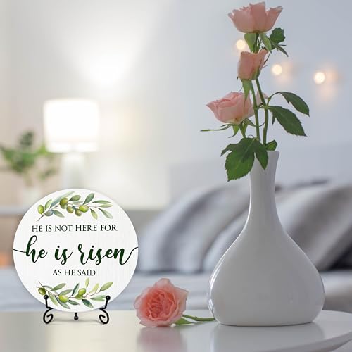 He Is Risen Sign, Religious Easter Decorations for Home Office, Christian Round Wood Plaque with Stand, Easter Table Decor for Entryway Shelf, Resurrection Decor for Easter, Spring Gifts (42)