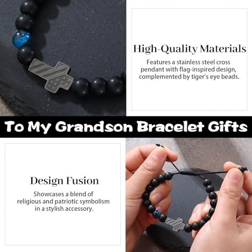 Cross Bracelet for Boys & Men, Adjustable Christian Beaded Bracelet - color: Beads-A-To My Grandson