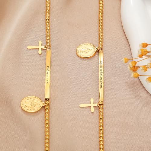 DS Women Christian Charm Bracelet,Cross Scripture Stainless Steel Jewelry - style: Rejoice in the Lord always. -Gold