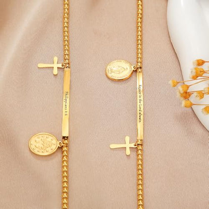 DS Women Christian Charm Bracelet,Cross Scripture Stainless Steel Jewelry - style: Rejoice in the Lord always. -Gold