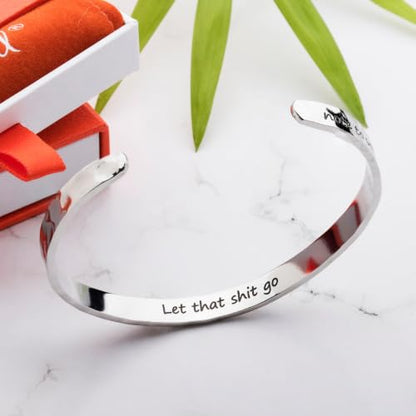 Carviell Bracelets for Women – 100+ Meaningful Engraved Messages – Solid 316L Surgical Stainless Steel Cuff Bracelet – Gift Ready - color: BADASS Gift - Note to Self.... Let that sh*t go - SILVER