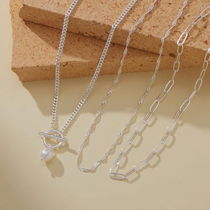 Poxtex Layered Gold Necklaces for Women, Stackable Dainty 14K Gold Silver Plated Trendy Simple Heart Diamond Cross Bow Circle Pendant Paperclip Choker Dot Chain Necklace,Jewelry Set Gifts for Women - color: Silver, style: Pearl1