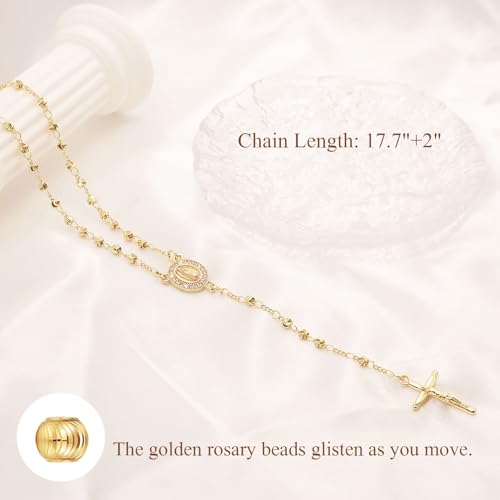 Women's Gold Catolicos Rosary Necklace - 14k Gold Plated Virgin Mary Rosary Bead Cross Necklaces, Non Tarnish Gold Catholic Y Chain Necklaces, Religious Rosary Bead Crucifix Necklace Jewelry for Women - color: Gold-Style1