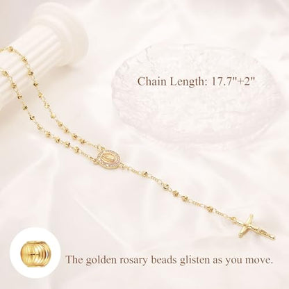 Women's Gold Catolicos Rosary Necklace - 14k Gold Plated Virgin Mary Rosary Bead Cross Necklaces, Non Tarnish Gold Catholic Y Chain Necklaces, Religious Rosary Bead Crucifix Necklace Jewelry for Women - color: Gold-Style1