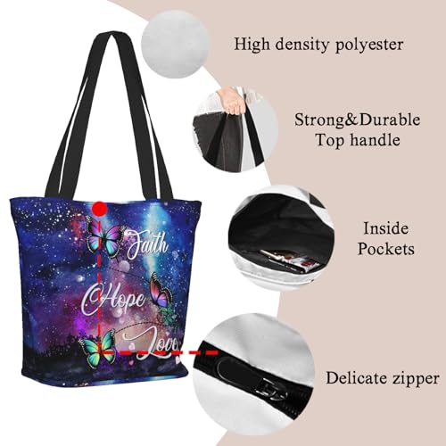 Women's Canvas Tote Bag with Zipper, Large Capacity Shoulder Bag for Work, Travel & Daily Use, Gifts for Mom - color: Faith Hope Love