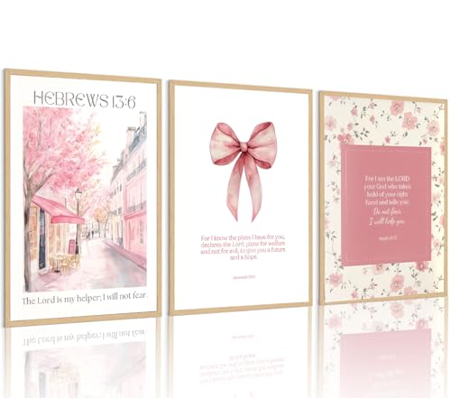 RERNIE 3Pcs Christian Wall Art Bible Prints Girls Room Paintings Bible Verse Posters with Pink Flowers and Bows Design Gallery Pictures Religious Bedroom Decor 12x16 Inch Unframed - color: Pink bow, size: 12x16 inch