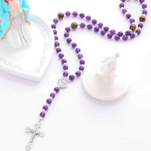 Rosary for Men Women, Natural Stone Beads with St. Benedict Bracelet - color: Purple