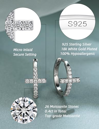 IMOLOVE Huggie earrings for women Ear Cuff Moissanite Stud Earrings Hypoallergenic Earrings for Women Sterling Silver with 18K White Gold Plated Earrings - color: 15.8mm Cross Hoop-White