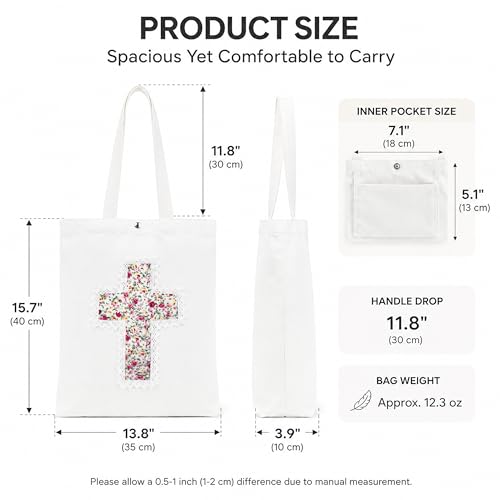 Christian Tote Bag Gift for Women, Canvas Bible Bag Handmade Floral Cross - color: White-pink Rose Garden