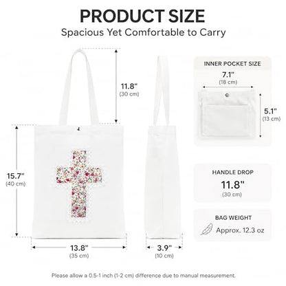 Christian Tote Bag Gift for Women, Canvas Bible Bag Handmade Floral Cross - color: White-pink Rose Garden