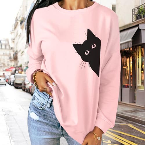 Cat Sweatshirts for Women Graphic Print Sweatshirt Funny Long Sleeve Shirt Cute Pullover Lightweight Hoodie Tops - color: Pink, size: Small