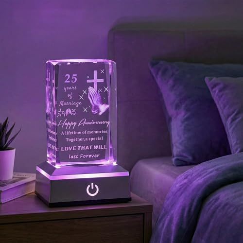 25th Wedding Anniversary Crystal Gifts for Couples with LED Base, Laser Engraved Happy Anniversary Keepsake Gift for Wife Husband, Marriage Gifts for Her Him - color: 25TH Wedding Anniversary