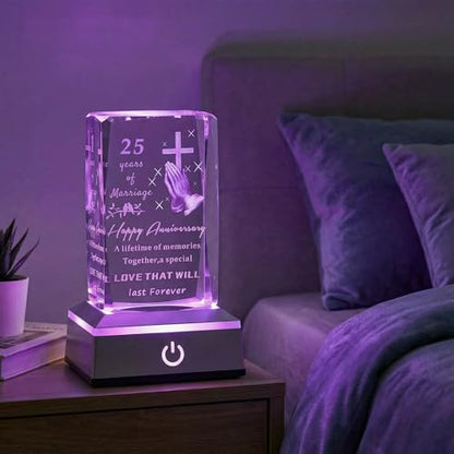 25th Wedding Anniversary Crystal Gifts for Couples with LED Base, Laser Engraved Happy Anniversary Keepsake Gift for Wife Husband, Marriage Gifts for Her Him - color: 25TH Wedding Anniversary