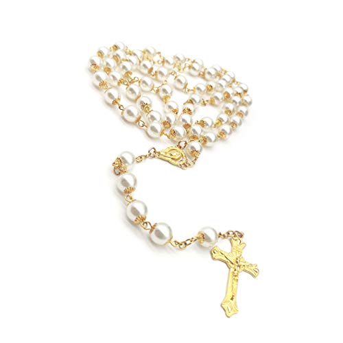 Rosary Beads Catholic for Women Girls, First Holy Communion Rosary Gifts for Girls Catholic, Gold White Rosary Necklace for Women Imitation Pearl Beads Necklace Rosarios Catolicos - color: White