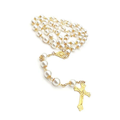 Rosary Beads Catholic for Women Girls, First Holy Communion Rosary Gifts for Girls Catholic, Gold White Rosary Necklace for Women Imitation Pearl Beads Necklace Rosarios Catolicos - color: White