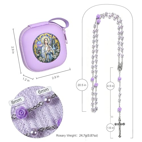 Handmade Rosary Beads for Women, Elegant Catholic Gifts for First Communion, Confirmation & Spiritual Prayer, Unique Beaded Rosary Necklace with Zippered Case - color: Light Purple - Our Lady of Lourdes