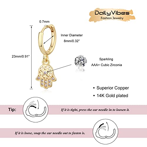 DAILY VIBES Cute Gold Mini Dangle Huggie Hoop Earrings for Women Trendy - color: Hamsa CZ