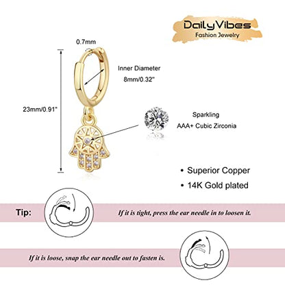 DAILY VIBES Cute Gold Mini Dangle Huggie Hoop Earrings for Women Trendy - color: Hamsa CZ