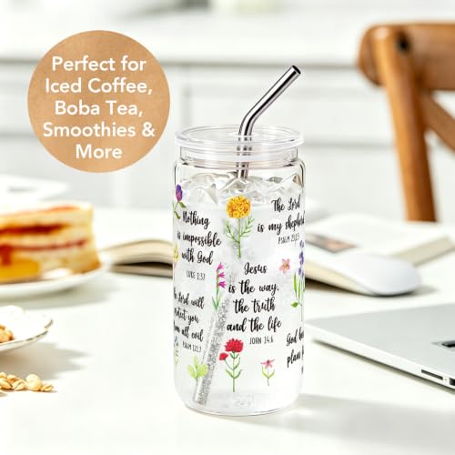 Christian Bible Verse Gifts for Women 16Oz Glass Cups with Lids & Straws, Wildflower Scripture Faith Religious Gifts for Friends, Mothersday Baptism Birthday Gifts for Church Friends Christian Women