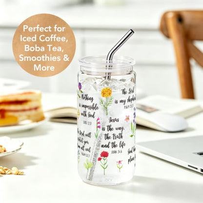 Christian Bible Verse Gifts for Women 16Oz Glass Cups with Lids & Straws, Wildflower Scripture Faith Religious Gifts for Friends, Mothersday Baptism Birthday Gifts for Church Friends Christian Women