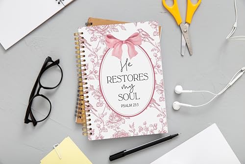 Christian Notebook for Women, Christian Gifts Journal, Prayer Journal for Women, Bible Journaling Notebook, PSALM 23:3 He Restores My Soul Floral Spiral Notebook 5.5x8.3 - color: 21-Christian-notebook