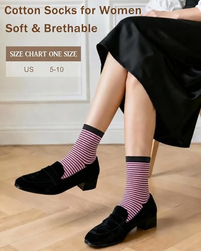 6 Pairs Crew Socks for Women, Soft Cute Funny Cotton Socks - color: Pink Noir