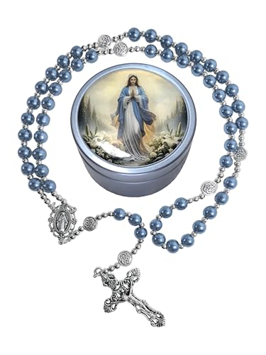 8mm Glass Pearl Rosary - Catholic Necklace for Men and Women Comes in a Metal Gift Box, First Communion Rosary Necklace as Gifts - color: Blue