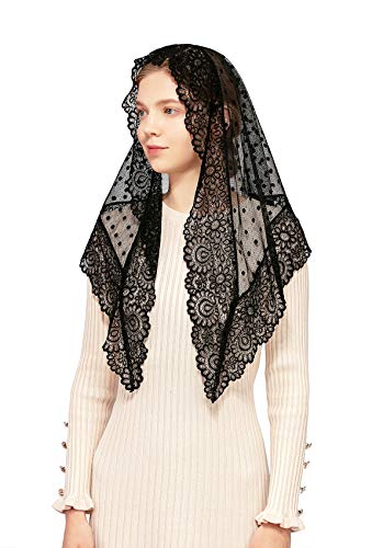 Wgior Triangle Vintage Inspired Lace Chapel Veils Catholic Mass Head Covering Scarf Mantilla Veils for Church - color: Black