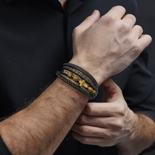 Men's Leather & Lapis/Onyx/Turquoise/Tiger Eye Cross Bracelet - Braided Christian Jewelry for Men, 8.3" & 9.1" Sizes - color: Tiger Eye, size: 8.3in(Fits most wrists; Recommend!)