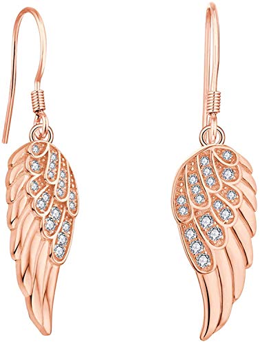 Starchenie Angel Wings Dangle Earrings for Women 925 Sterling Silver Cubic Zirconia Threader Earrings - color: Rose Gold