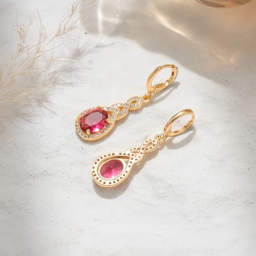 18K Gold Plated, Dangle Earrings for Women, Flower/Heart Drop earrings, Hypoallergenic Cubic Zirconia Earrings, Lightweight, Party, gold earrings, Jewelry for Gifts, Fashion - style: 0470-Red