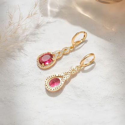 18K Gold Plated, Dangle Earrings for Women, Flower/Heart Drop earrings, Hypoallergenic Cubic Zirconia Earrings, Lightweight, Party, gold earrings, Jewelry for Gifts, Fashion - style: 0470-Red