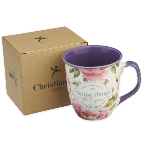 Christian Art Gifts Large Ceramic Scripture Coffee & Tea Mug for Women - color: White & Purple/Noble Things