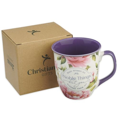 Christian Art Gifts Large Ceramic Scripture Coffee & Tea Mug for Women - color: White & Purple/Noble Things