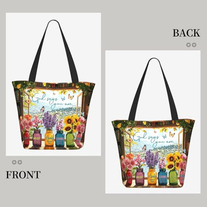 Bible Tote Bags for Women Christian Tote Bag Church Shoulder Bag Inspirational Bags With Zipper Christian Gift - color: God Says You Are