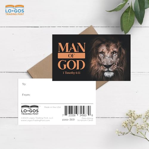 Pass It On Scripture Cards, Lion, Man of God 1 Timothy 6:11, Pack of 25 — Inspirational Bible Verse Wallet Cards, Devotional, Bible Study — Memorization, Small Christian Greetings for Encouragement - color: Man of God