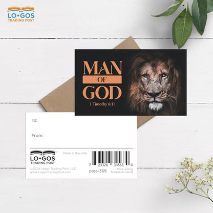 Pass It On Scripture Cards, Lion, Man of God 1 Timothy 6:11, Pack of 25 — Inspirational Bible Verse Wallet Cards, Devotional, Bible Study — Memorization, Small Christian Greetings for Encouragement - color: Man of God