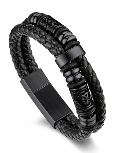 Bandmax Men's Black Double Wax Rope Bracelet Waterproof Stainless Steel Norse Style Celtic Knot Beads Wristband 7-9 Inch Gift for Men Father Husband Son Grandson - color: 02 Black Tone, size: 8.26 Inches (21cm)