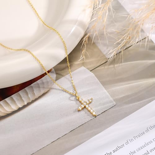Carffordo 925 Sterling Silver Cross Necklace, Dainty Necklace for Women - style: Gold Cubic Zirconia Cross
