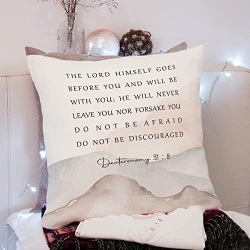 KongMoTree Bible Verse Pillow Cover, Deuteronomy 31:8, Scripture Art Pillow Case for Farmhouse Home Office Bedroom Living Room Porch Decoration, Christian Religious Gift Church Gifts, 18x18 Inches - color: Deuteronomy 31:8