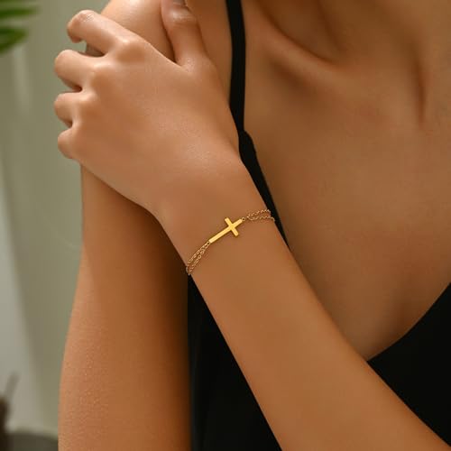 18K Gold Plated Pearl Beaded Cross Bracelets for Women Adjustable - color: Double O Cross-Gold