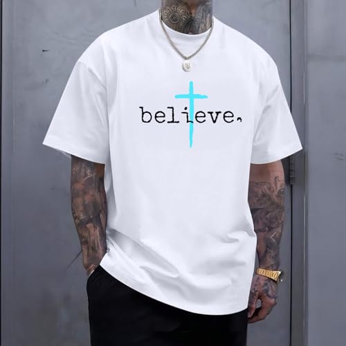 BeWithYou Christian Shirts for Men Vintage Faith Jesus God Tshirt Inspirational Cross Bible Verse Shirt Oversized Graphic Tee - color: White, size: X-Large