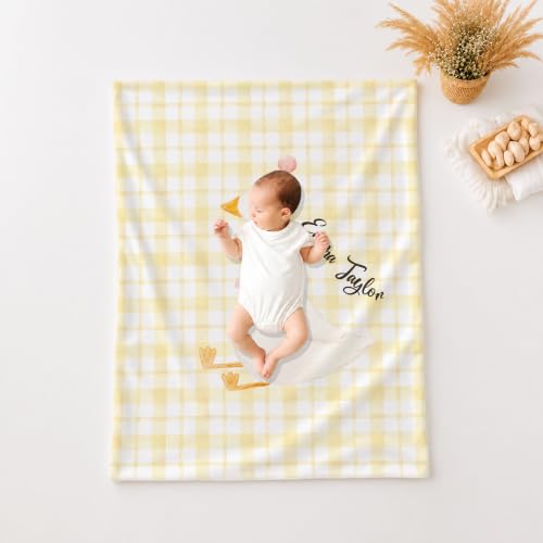 Personalized Birthday Goose Blanket, Yellow Plaid Baby Throw Gift - color: #Ver14