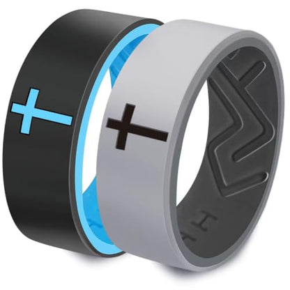 XAHH 2PCS Silicone Ring Set for Men Women,Classical Simple Christian Cross Religious Couple Rubber Wedding Bands - style: Grey Black