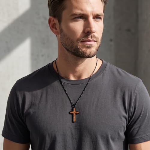 Cross Necklace for Men 925 Sterling Silver & Wood Cross Pendant with Stainless Steel Chain Cross Necklace for Men Women Christian Jewelry Gift - color: Cross-2