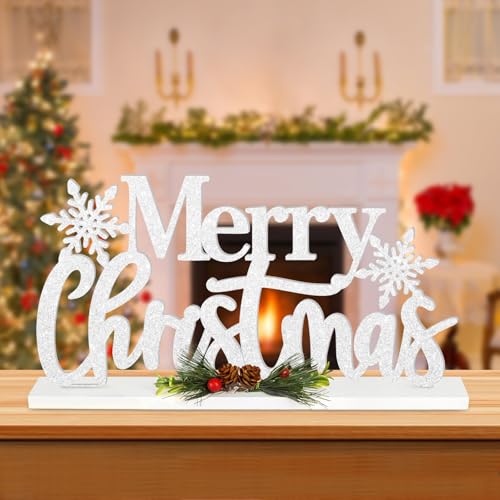 Wooden Christmas Decoration Merry Christmas Tabletop Decor, Snowflake Glitter Shining Xmas Table Sign, Farmhouse Rustic Winter Centerpiece for Home Kitchen Bedroom Tiered Tray Mantel Decor